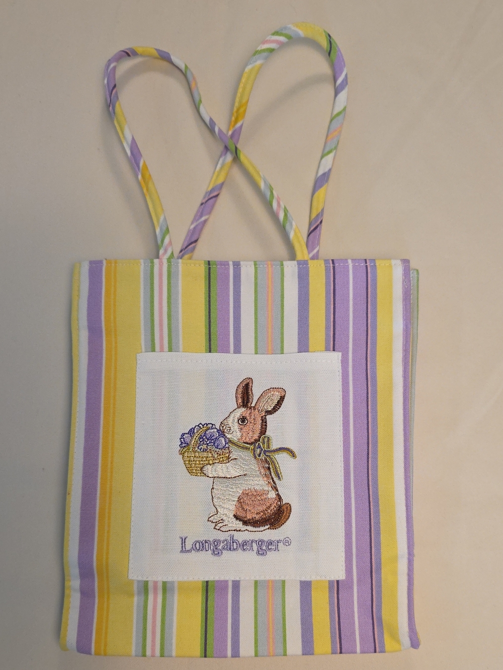 Longaberger Pastel Striped Bunny Tote - Yellow, Lavender & Green